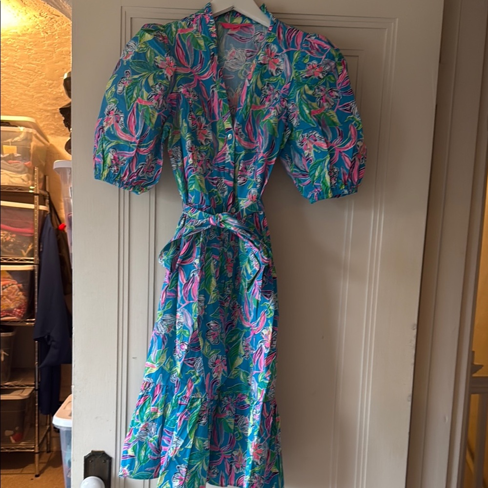 Lilly Pulitzer Blue Green Sundress with Puff Sleeves and Notched Collar